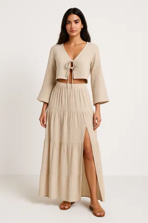 Women’s Two-Piece Set – Cotton Linen – Tie-Front Cropped Cardigan & High-Slit Skirt