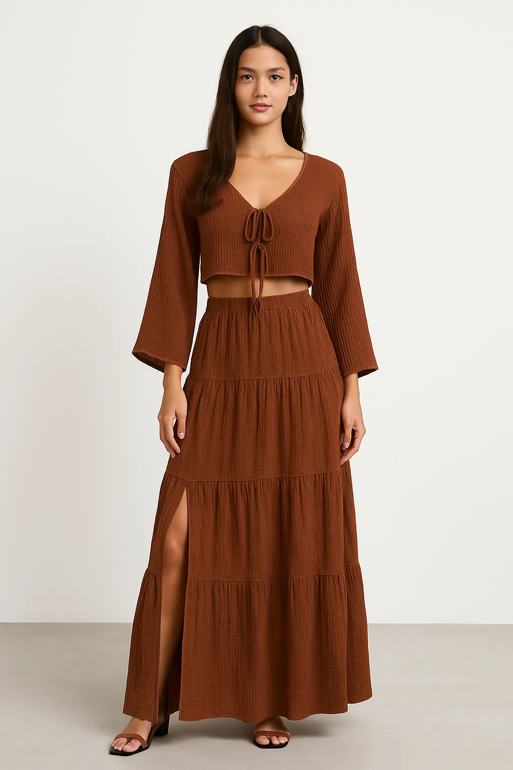Women’s Two-Piece Set – Cotton Linen – Tie-Front Cropped Cardigan & High-Slit Skirt