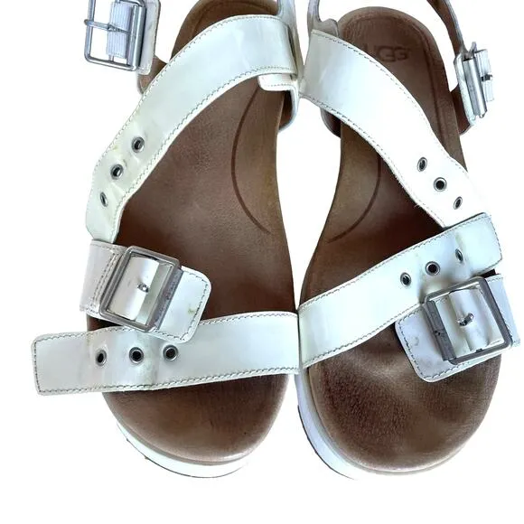 Women's UGG Angie White Patent Leather Open Toe Buckled Ankle Strap Sandals 7.5