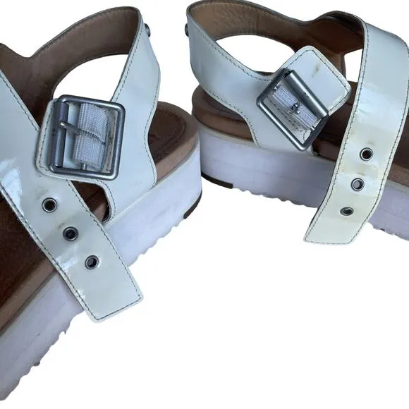 Women's UGG Angie White Patent Leather Open Toe Buckled Ankle Strap Sandals 7.5