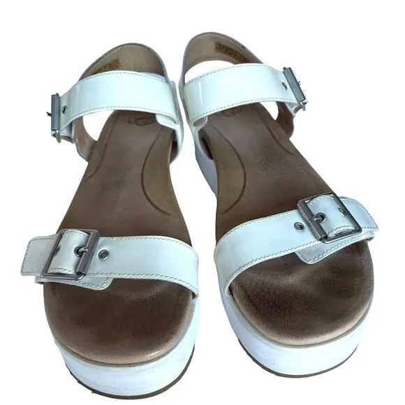 Women's UGG Angie White Patent Leather Open Toe Buckled Ankle Strap Sandals 7.5