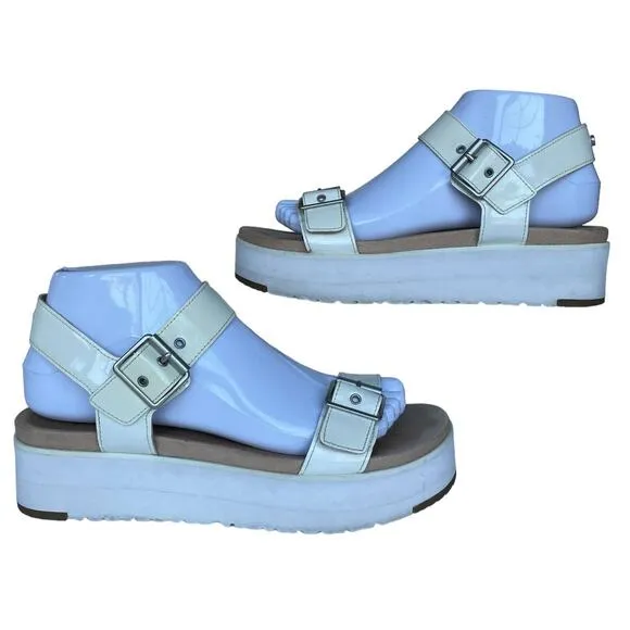 Women's UGG Angie White Patent Leather Open Toe Buckled Ankle Strap Sandals 7.5