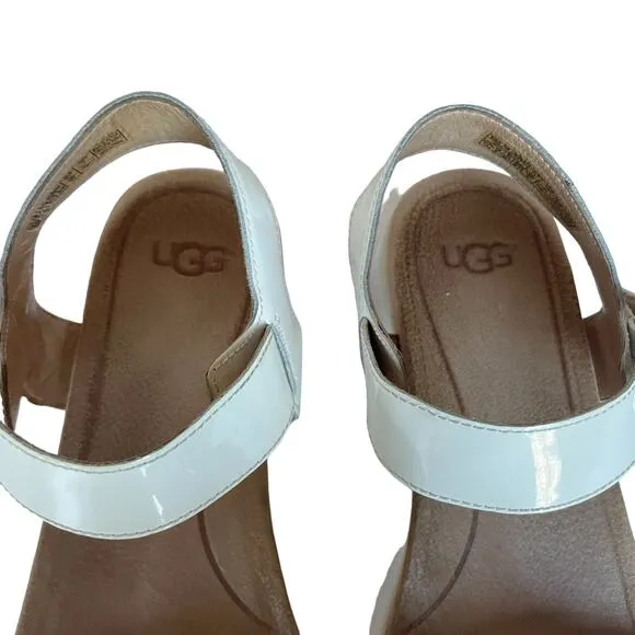 Women's UGG Angie White Patent Leather Open Toe Buckled Ankle Strap Sandals 7.5