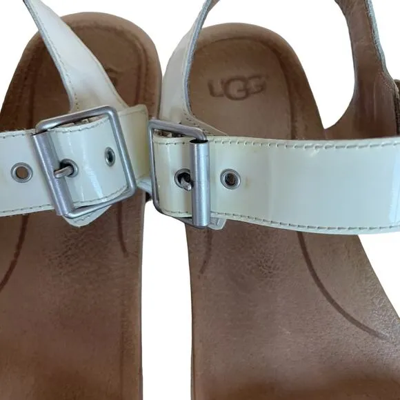 Women's UGG Angie White Patent Leather Open Toe Buckled Ankle Strap Sandals 7.5