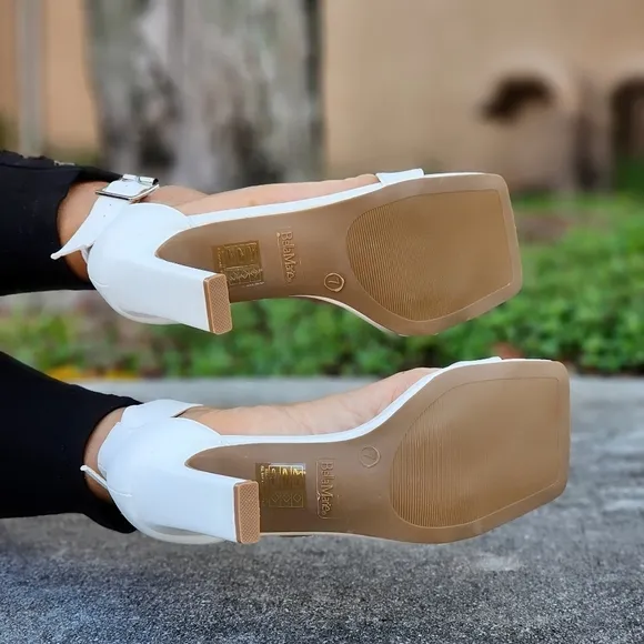 Women's White Ankle Strap Block Heel Dress Sandals