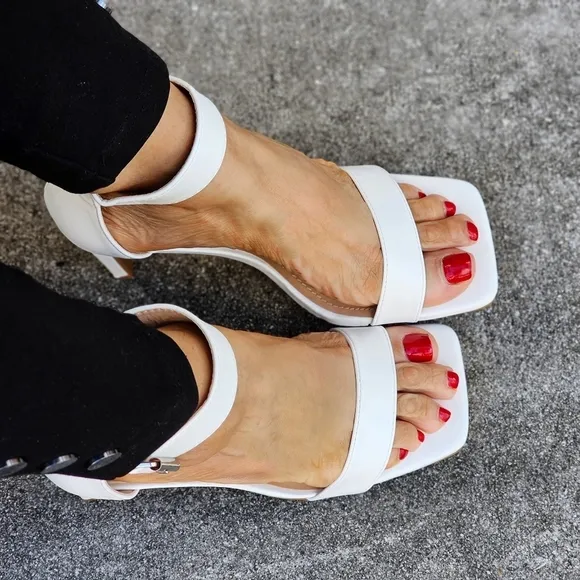 Women's White Ankle Strap Block Heel Dress Sandals