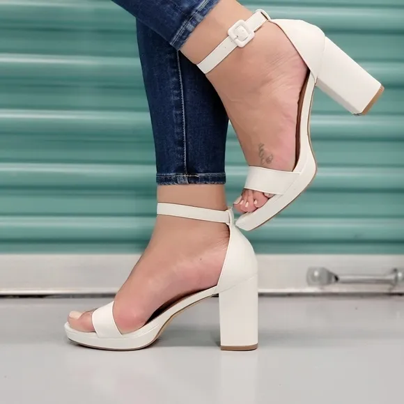 Women's White Ankle Strap Block Heel Dress Sandals