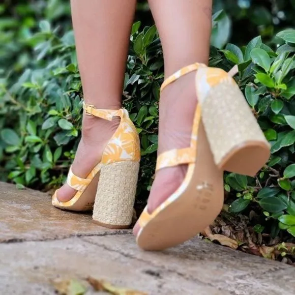 Women's Yellow Open Toe Ankle Strap Woven Block Heel
