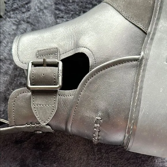 Women's Black Ugg Ankle Combat Buckle Boots | Chunky Sole | Size 11
