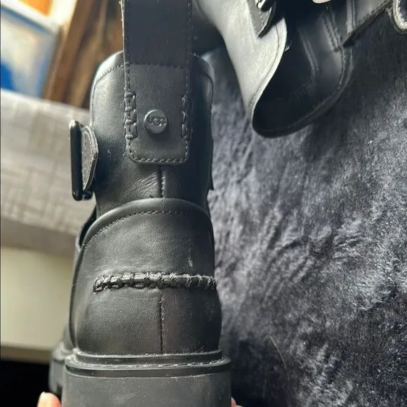 Women's Black Ugg Ankle Combat Buckle Boots | Chunky Sole | Size 11