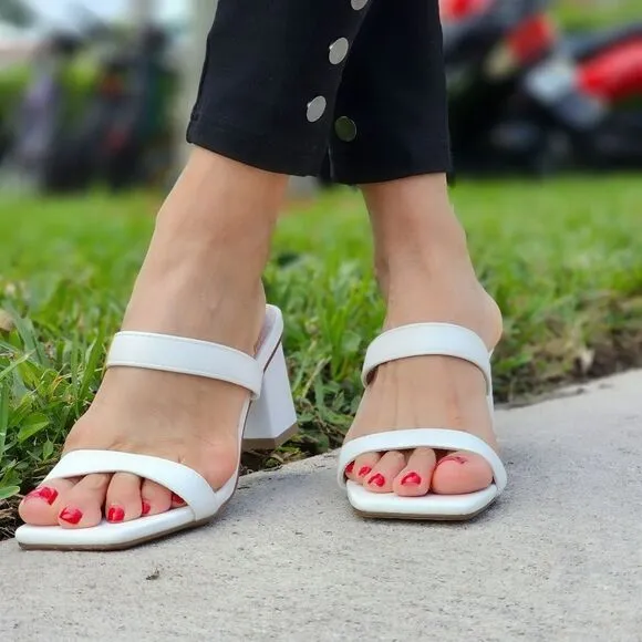 Women's White Square Sole Double Strap Chunky Heel Sandals