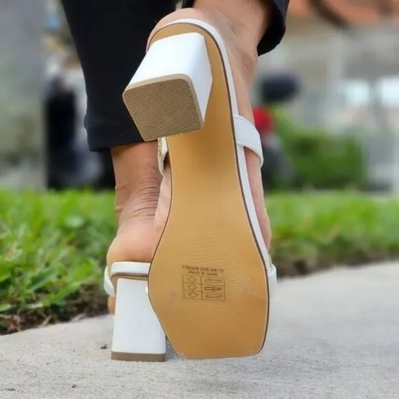 Women's White Square Sole Double Strap Chunky Heel Sandals