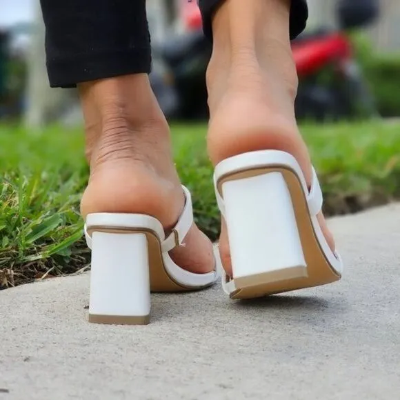 Women's White Square Sole Double Strap Chunky Heel Sandals