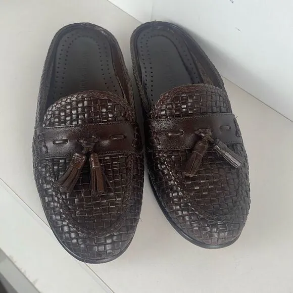 Woven Leather Tassel Mule Slide Slip On Backless Loafers Brown 7