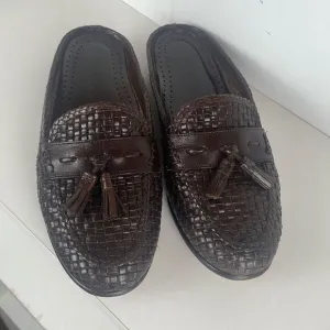 Woven Leather Tassel Mule Slide Slip On Backless Loafers Brown 7