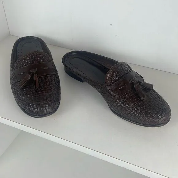 Woven Leather Tassel Mule Slide Slip On Backless Loafers Brown 7