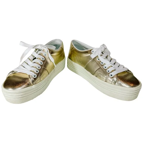 YSL Yves Saint Laurent Bufalino Wash Lame Platino Gold Wedge Platform Sneakers