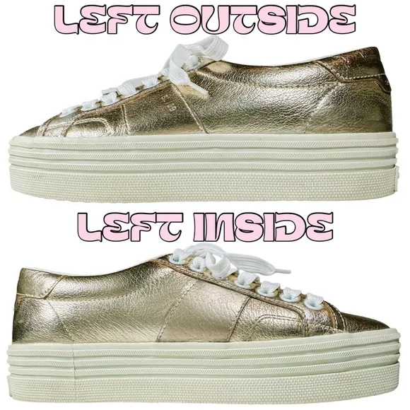 YSL Yves Saint Laurent Bufalino Wash Lame Platino Gold Wedge Platform Sneakers