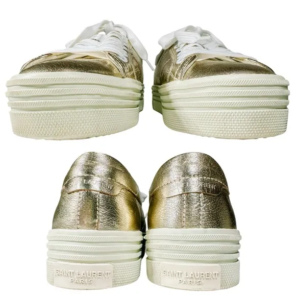 YSL Yves Saint Laurent Bufalino Wash Lame Platino Gold Wedge Platform Sneakers