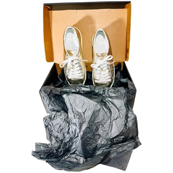 YSL Yves Saint Laurent Bufalino Wash Lame Platino Gold Wedge Platform Sneakers