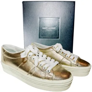 YSL Yves Saint Laurent Bufalino Wash Lame Platino Gold Wedge Platform Sneakers