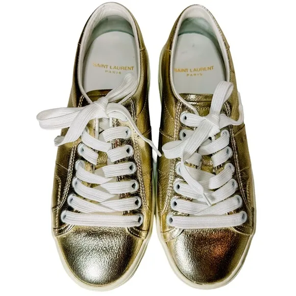 YSL Yves Saint Laurent Bufalino Wash Lame Platino Gold Wedge Platform Sneakers
