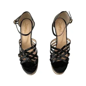 Yves Saint Laurent black patent gold cork heel sandals size 41