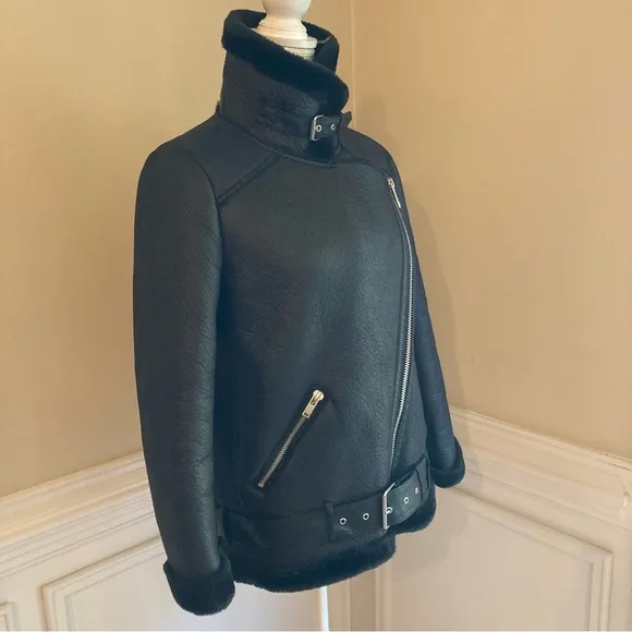 ZARA Black Faux Leather soft faux Fur Moto Aviator Jacket Coat