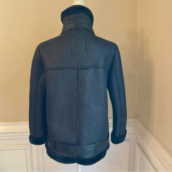 ZARA Black Faux Leather soft faux Fur Moto Aviator Jacket Coat