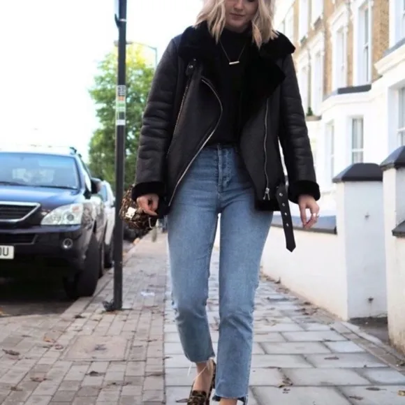 ZARA Black Faux Leather soft faux Fur Moto Aviator Jacket Coat