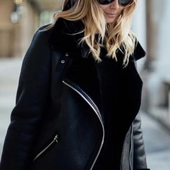 ZARA Black Faux Leather soft faux Fur Moto Aviator Jacket Coat