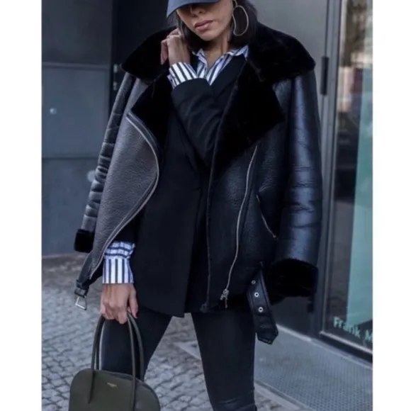 ZARA Black Faux Leather soft faux Fur Moto Aviator Jacket Coat