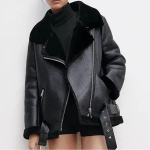 ZARA Black Faux Leather soft faux Fur Moto Aviator Jacket Coat