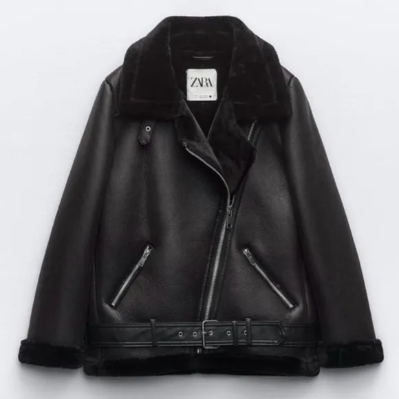 ZARA Black Faux Leather soft faux Fur Moto Aviator Jacket Coat