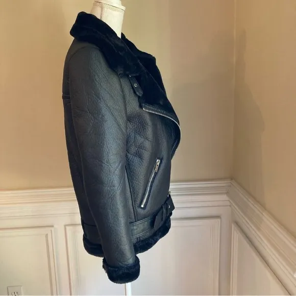 ZARA Black Faux Leather soft faux Fur Moto Aviator Jacket Coat