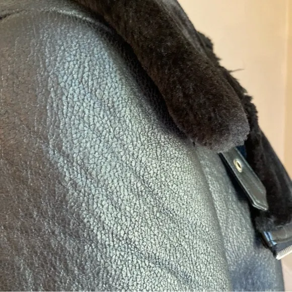 ZARA Black Faux Leather soft faux Fur Moto Aviator Jacket Coat