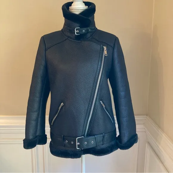 ZARA Black Faux Leather soft faux Fur Moto Aviator Jacket Coat