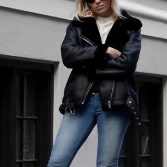 ZARA Black Faux Leather soft faux Fur Moto Aviator Jacket Coat