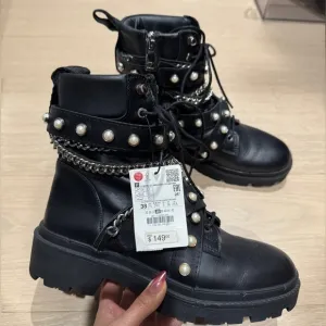 Zara Black Leather Combat Boots