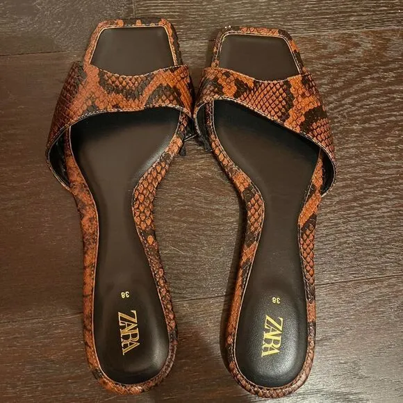 Zara Brown Black Leather Snakeskin Printed Square Open-Toe Slip-On Sandals (NWT)