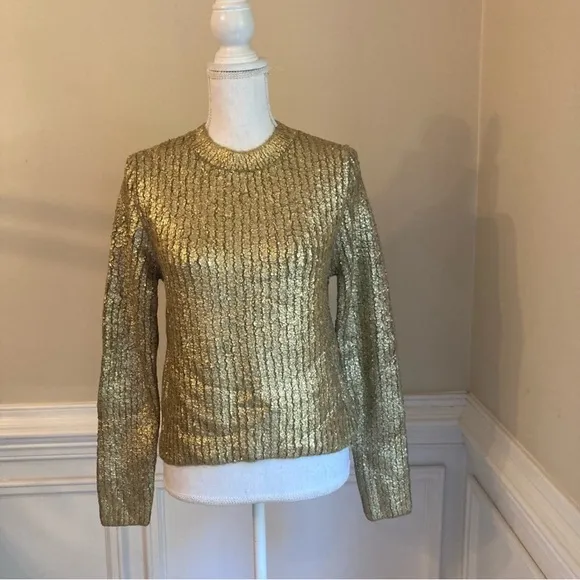 ZARA Gold Metallic Foil Coated Crewneck Sweater NWT