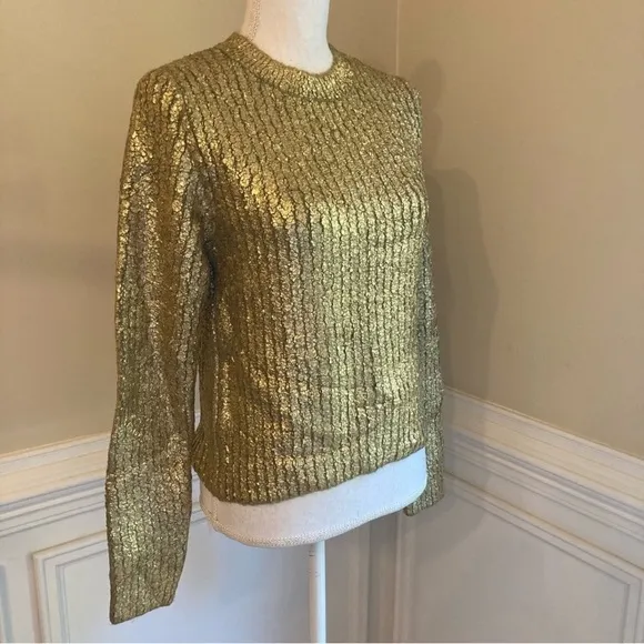 ZARA Gold Metallic Foil Coated Crewneck Sweater NWT