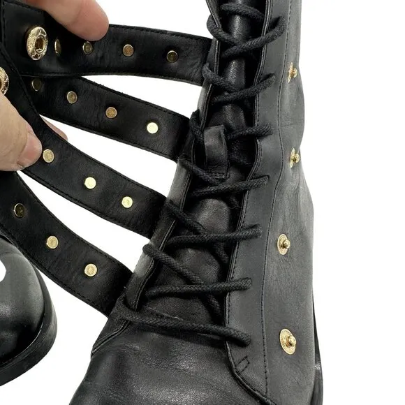 ZARA Leather Combat Biker Boots Moto Pearl Strap Boots Black Women's EU 39 US 8