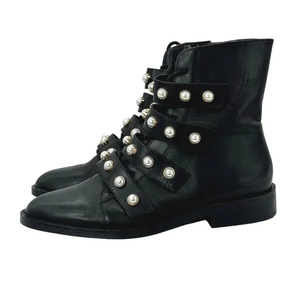 ZARA Leather Combat Biker Boots Moto Pearl Strap Boots Black Women's EU 39 US 8