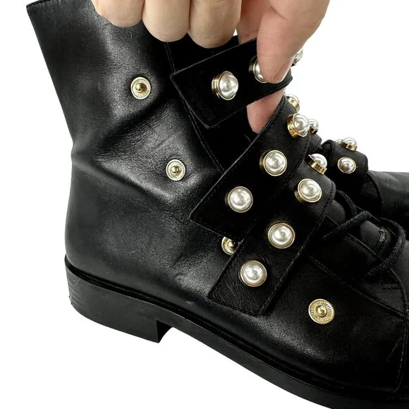 ZARA Leather Combat Biker Boots Moto Pearl Strap Boots Black Women's EU 39 US 8