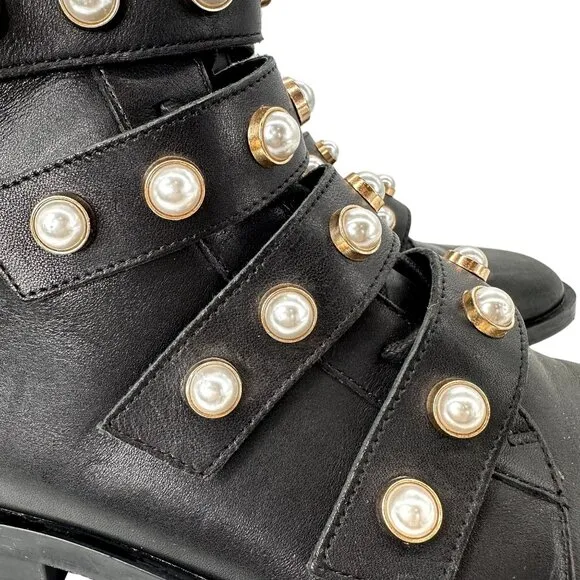 ZARA Leather Combat Biker Boots Moto Pearl Strap Boots Black Women's EU 39 US 8