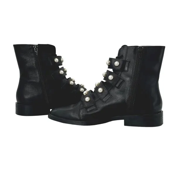 ZARA Leather Combat Biker Boots Moto Pearl Strap Boots Black Women's EU 39 US 8