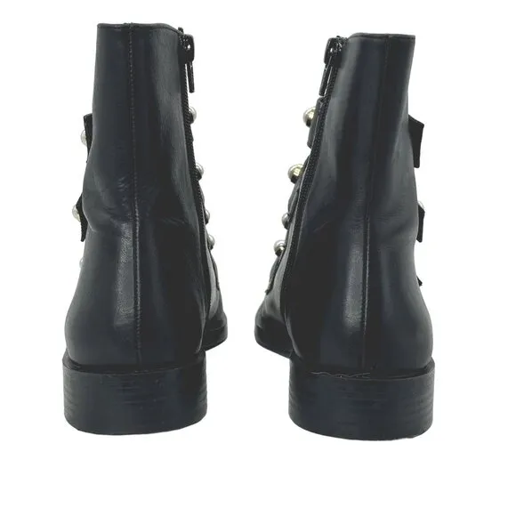 ZARA Leather Combat Biker Boots Moto Pearl Strap Boots Black Women's EU 39 US 8
