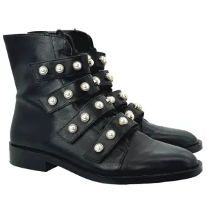 ZARA Leather Combat Biker Boots Moto Pearl Strap Boots Black Women's EU 39 US 8