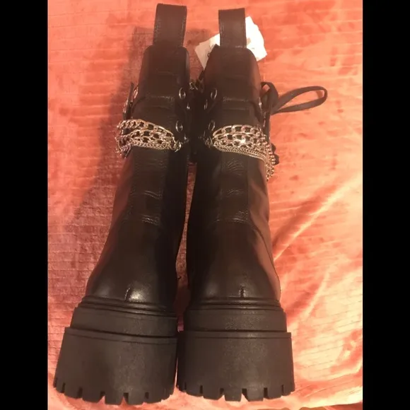 ZARA LEATHER COMBAT BOOTS BLACK WITH ZIPPER &amp; LACE